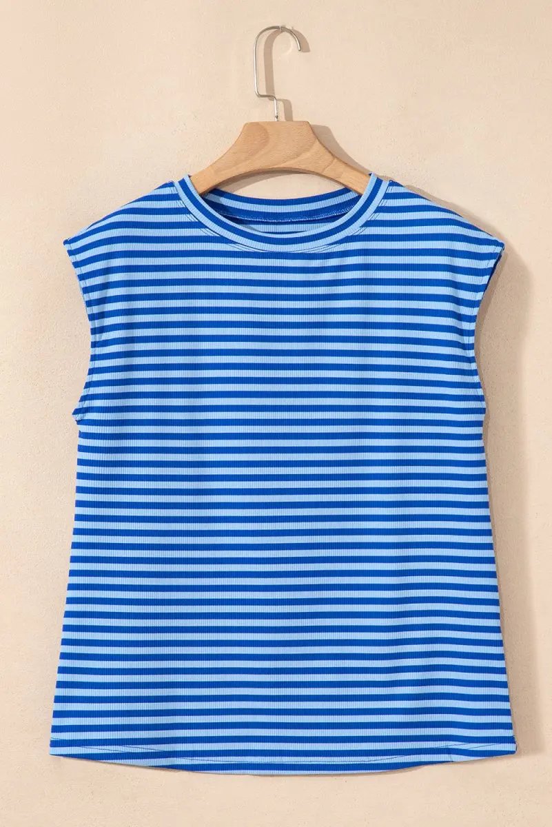 Sky Blue Stripe Ribbed Cap Sleeve Round Neck T Shirt for Women - Love Salve